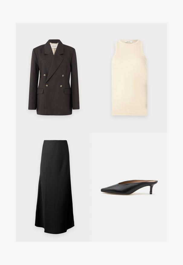 Donkerbruin dubbelzijdig colbert met ingesneden revers, twee voorzakken en een lichte voering. Gemaakt van een gladde, gestucteerde stof.; Lichtbeige mouwloze top van ribstof, met een ronde halslijn en een fitted ontwerp. Glad oppervlak met minimale naden.; Zwarte midi-jurk met een gladde textuur, ontworpen met een hoge taille en een zijsplit, met een eenvoudige, onversierde silhouet.; Zwarte leren muiltjes met een puntige neus en een lage, blokhak. Glad oppervlak met een gestroomlijnd ontwerp. Open achterkant met minimale details.