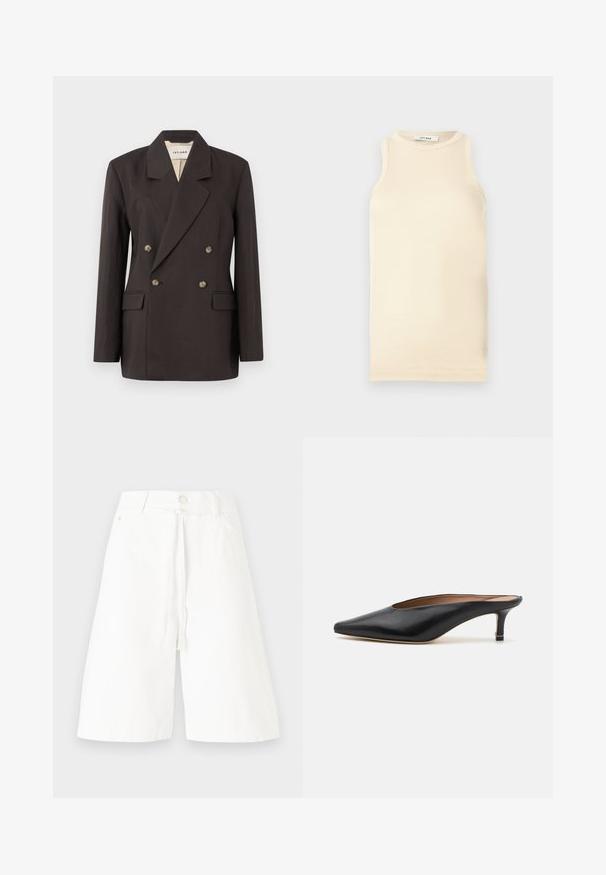 Blazer double boutonné marron foncé avec des revers en pointe, deux poches avant et une doublure claire. Confectionné dans un tissu lisse et structuré.; Top sans manches en beige clair, en tissu côtelé, avec un col rond et une coupe ajustée. Texture lisse avec des coutures minimales.; Culottes en denim blanc avec taille mi-haute, détail de noeud à l'avant et jambes larges. Un design simple sans motifs ni embellissements visibles.; Mules en cuir noir avec un bout pointu et un petit talon carré. Texture lisse avec un design épuré. Dos ouvert avec un minimum de détails.