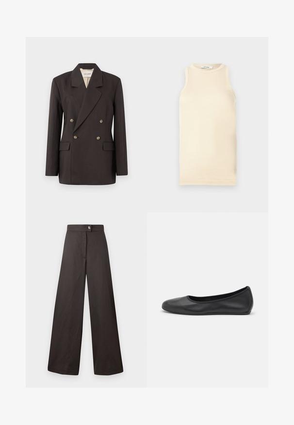 Dark brown double-breasted blazer with notched lapels, two front pockets, and light-colored lining. Made from a smooth, structured fabric.; Light beige sleeveless top made of ribbed fabric, featuring a round neckline and fitted design. Smooth texture with minimal seams.; Black wide-leg trousers with a smooth texture, featuring a front button closure and a clean, simple design. No patterns or accents visible.; Black leather ballet flat with a rounded toe, smooth texture, minimal stitching detail, and a flexible sole design.