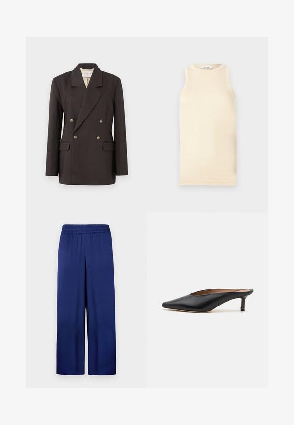 Donkerbruin dubbelzijdig colbert met ingesneden revers, twee voorzakken en een lichte voering. Gemaakt van een gladde, gestucteerde stof.; Lichtbeige mouwloze top van ribstof, met een ronde halslijn en een fitted ontwerp. Glad oppervlak met minimale naden.; Marineblauwe wijde broek met een elastische tailleband, gemaakt van een gladde stof, gekenmerkt door een simpel en functioneel ontwerp zonder zichtbare patronen.; Zwarte leren muiltjes met een puntige neus en een lage, blokhak. Glad oppervlak met een gestroomlijnd ontwerp. Open achterkant met minimale details.