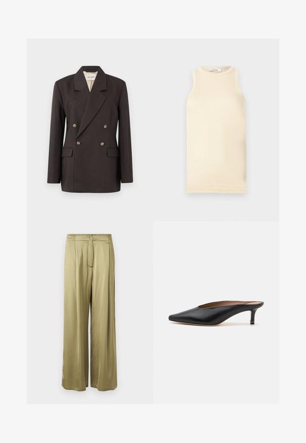 Donkerbruin dubbelzijdig colbert met ingesneden revers, twee voorzakken en een lichte voering. Gemaakt van een gladde, gestucteerde stof.; Lichtbeige mouwloze top van ribstof, met een ronde halslijn en een fitted ontwerp. Glad oppervlak met minimale naden.; Olijfgroene, wijde broek van een soepele stof, met een sluiting aan de voorkant met knoop en geplooide details bij de taille.; Zwarte leren muiltjes met een puntige neus en een lage, blokhak. Glad oppervlak met een gestroomlijnd ontwerp. Open achterkant met minimale details.