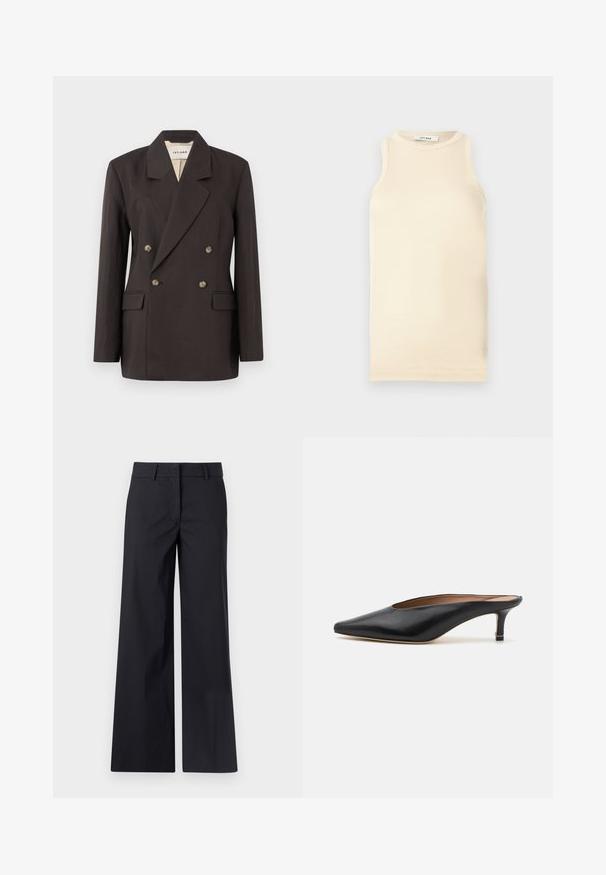Donkerbruin dubbelzijdig colbert met ingesneden revers, twee voorzakken en een lichte voering. Gemaakt van een gladde, gestucteerde stof.; Lichtbeige mouwloze top van ribstof, met een ronde halslijn en een fitted ontwerp. Glad oppervlak met minimale naden.; Zwarte wijde pantalon gemaakt van katoenmix stof. Kenmerkt zich door een rechte voorkant, riemlussen en zijzakken. Vloeiende textuur, op maat gemaakt ontwerp.; Zwarte leren muiltjes met een puntige neus en een lage, blokhak. Glad oppervlak met een gestroomlijnd ontwerp. Open achterkant met minimale details.