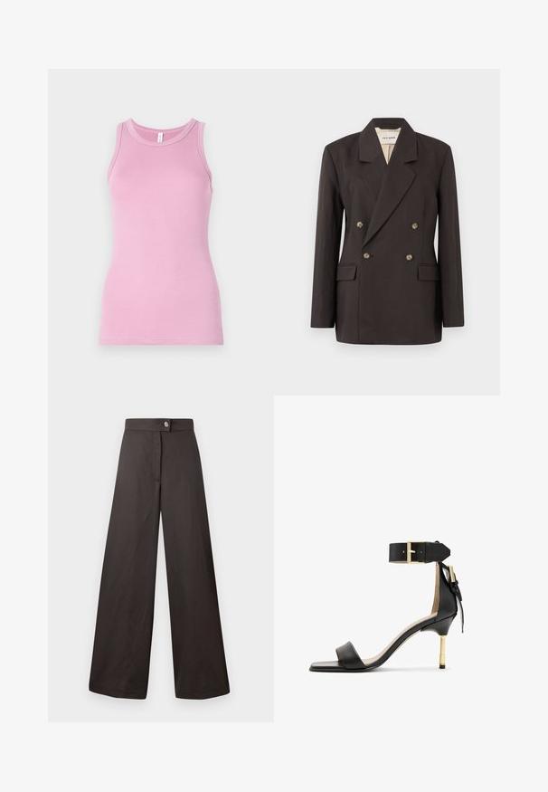 Dark brown double-breasted blazer with notched lapels, two front pockets, and light-colored lining. Made from a smooth, structured fabric.; Pink tank top with a fitted design, featuring a round neckline and ribbed texture. No patterns or accents present.; Black wide-leg trousers with a smooth texture, featuring a front button closure and a clean, simple design. No patterns or accents visible.; Black leather heeled sandal with a square toe, ankle strap featuring a gold buckle, and a slender metallic heel. Smooth texture, minimalist design.