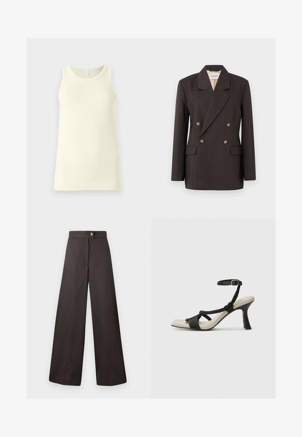 Dark brown double-breasted blazer with notched lapels, two front pockets, and light-colored lining. Made from a smooth, structured fabric.; Light yellow cotton tank top with a ribbed texture, round neckline, and wide shoulder straps. Hangs straight with no embellishments.; Black wide-leg trousers with a smooth texture, featuring a front button closure and a clean, simple design. No patterns or accents visible.; Black heeled sandal with braided strap design, square toe, and adjustable ankle strap. Light beige footbed with a glossy black heel.