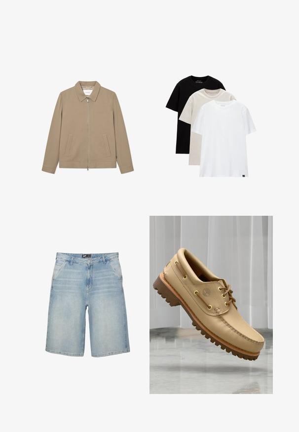 Vaaleanruskea takki, jossa on vetoketju edessä, tasainen kaulus, kaksi etutaskua ja pitkät hihat. Sujuva pinta ja minimalistinen muotoilu. Brändilogo näkyvissä sisäpuolella.; Kolme lyhythihaista T-paitaa mustana, beigeinä ja valkoisina. Valmistettu pehmeästä puuvillasta, jossa on pyöreä kaula-aukko ja suora leikkaus, jossa on minimaalinen brändäys.; Vaaleansiniset farkkushortsit suoralla leikkauksella, viiden taskun suunnittelulla ja erottuvalla ompeleella. Varustettu nappi- ja vetskari-kiinnityksellä.; Vaaleanruskea nahkainen veneen kenkä, jossa on paksu, uritettu pohja ja nauha-yksityiskohtia, kellumassa marmorilattian yllä, taustalla valkoiset pystysuorat verhot.