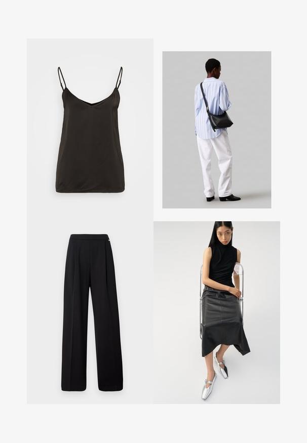 Melnas žaketes ar iegrieztiem uzgaļiem, vienas rindas pogu aizdare, divas priekšējās kabatas un krūšu kabata; izgatavota no gludas auduma ar strukturētu formu.; Melnas satīna topiņš ar regulējamiem šauriem plecu siksniņām, V formas dekoltē un gludu, minimālistisku dizainu. Nav redzamu rakstu vai aksesuāru.; Melnas platās bikses, izgatavotas no gludas auduma, ar vienkāršu dizainu un elastīgu jostu, bez redzamām rakstām vai akcentiem.; Melnā bezpiedurkņu blūze, šaurs melns ādas svārks ar viļņotu apakšdaļu un spīdīgas sudraba kurpes ar izgriezumu un sprādzes detaļu.; Melna ādas plecu soma ar mīkstu tekstūru, trīsstūra formu un regulējamu siksnu, apvienota ar gaiši zilu svītrotu krekli un baltām biksēm.