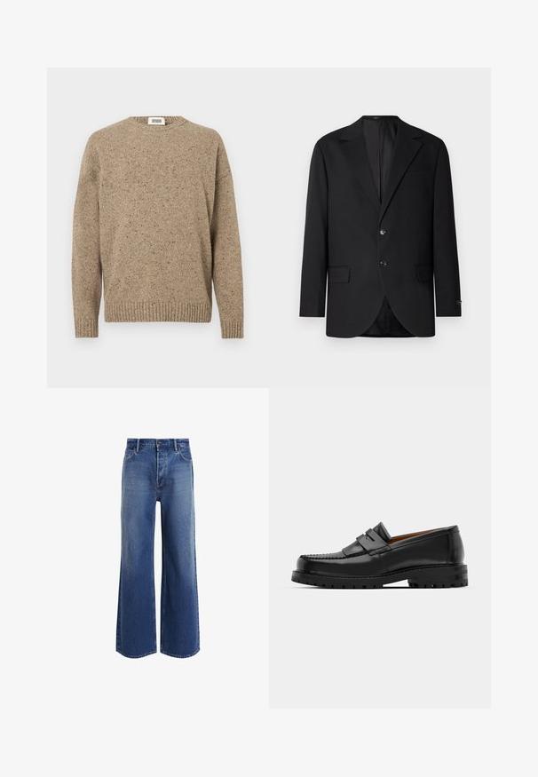 Musta bleiseri, jossa on lovettu kaulus, kaksoispainonappi kiinnitys, kaksi etutaskua ja yksi rintatasku. Liukas kangas ja muotoiltu istuvuus.; Vaaleanbeige neulepaita, jossa on pyöreä kaula-aukko, pitkät hihat ja ribbireunat. Rakenteellinen kangas sisältää tummempia sävyjä.; Korkeavyötäröiset leveälahkeiset farkut keskisinisessä denimissä, joissa on klassinen viisi-taskuinen muotoilu, vaaleat kulumat ja rikottuja helmoja.; Mustat nahka loafit sisältävät kohoavan sauman, kaksi koristeellista nauhaa yläosassa ja paksun teksturoidun pohjan parempaa pitoa varten.