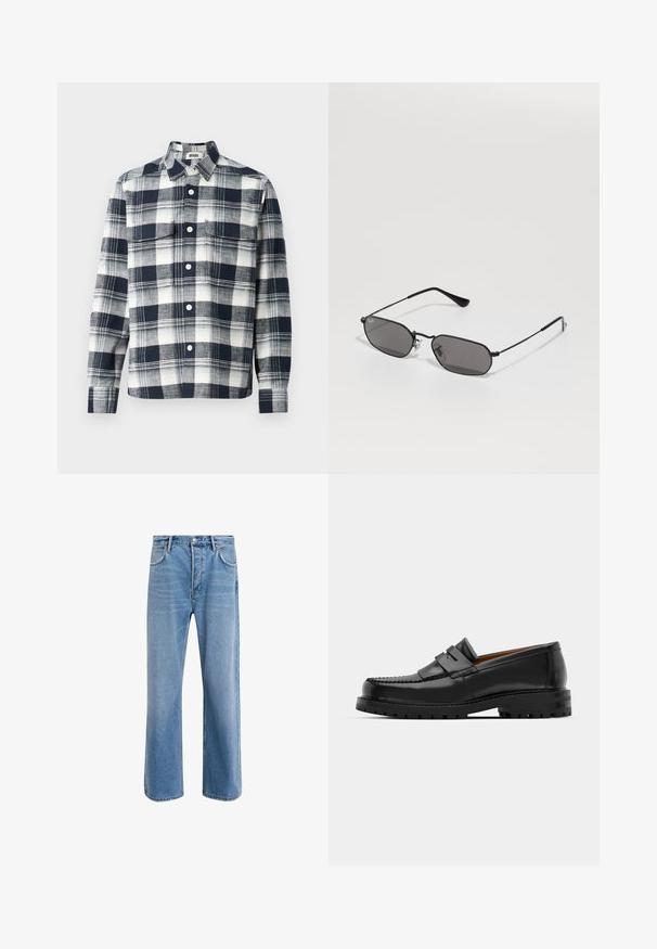 Blazer negru cu rever înclinat, închidere cu două butoane, două buzunare frontale și un buzunar pe piept. Material neted și croială ajustată.; Cămașă cu carouri dintr-un material albastru închis și alb. Are un guler cu nasturi, un buzunar pe față și mâneci lungi.; Top negru cu dungi, fără mâneci, cu guler rotund și brațe largi, realizat dintr-un material moale și elastic. Etichetă: Pull&Bear.; Jeans din denim bleu deschis cu un design drept, cinci buzunare, închidere cu buton, decolorare minimă și detalii de cusătură în contrast.; Mocasinii din piele neagră au o cusătură ridicată, două bare decorative pe partea superioară și o talpă groasă texturată pentru o aderență suplimentară.; Ochelari de soare hexagonali negri cu ramă subțire din metal și lentile închise la culoare, așezați pe o suprafață albă.