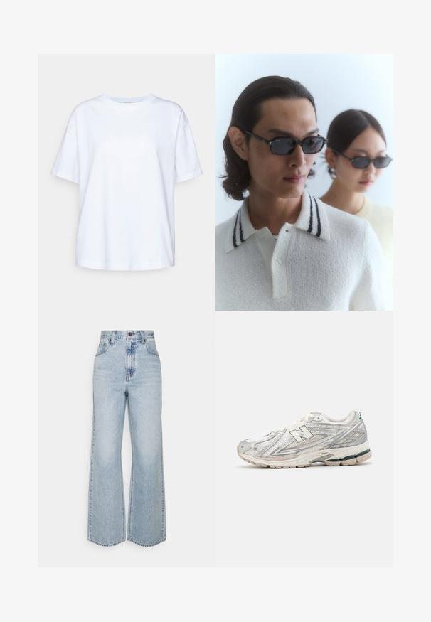 Röd texturerad tyg med en mjuk yta, som visar en subtil glans. Materialet verkar lätt och något formbart med svaga mönster.; Vit bomullströja med korta ärmar, rundad hals, avslappnad passform, slät textur och inga synliga mönster eller detaljer.; Ljusblå denimbyxor med vida ben som har hög midja, klassisk femficksdesign och kontrasterande stygn. Ofärgad fålldetalj nertill.; Löparskon har en silver- och vit mesh-överdel med en grön detalj. Sulan är tjock och texturerad, utformad för dämpning och stöd.; Svarta solglasögon med rektangulära linser, som bärs med en vit strukturerad polo-shirt med randig krage. En andra figur i en ljus topp är suddig i bakgrunden.; Vävd handväska med ett geometriskt mönster i silver, guld och svart. Den har en rundad topp, kort handtag och en slät yta.