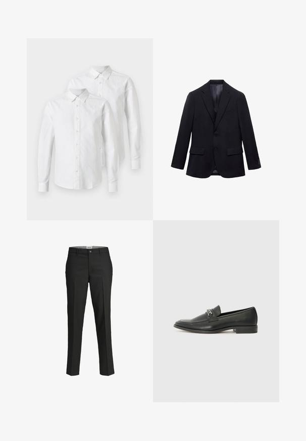 Blazer noir, simple boutonnage, deux boutons, poches avant doubles, col à revers, texture lisse, intérieur entièrement doublé, coupe ajustée.; Deux chemises blanches à manches longues en coton, avec un devant à boutons, un col pointu et des poignets droits. Texture lisse, sans motifs.; Pantalon noir, coupe ajustée, tissu lisse, taille mi-haute, fermeture à bouton à l'avant, poches en biais, et détails de pli sur les jambes.; Mocassin en cuir noir avec une finition lisse, présentant un design cousu et une accent décoratif en chaîne métallique sur le rand. Talon plat.