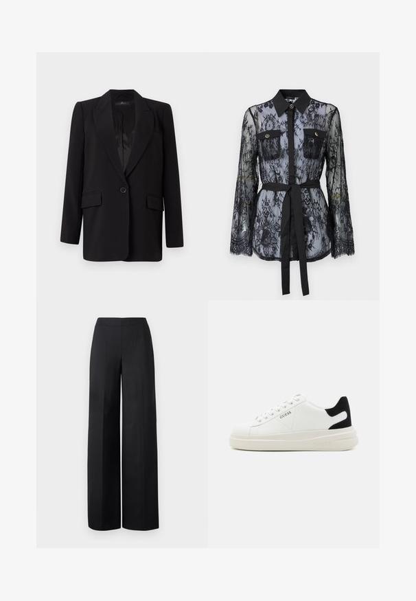 Black blazer featuring a notched lapel, single button closure, two front pockets, and a smooth satin interior. Straight-cut design.; Black lace blouse featuring long sleeves, buttoned chest pockets, a classic collar, and a fabric belt tied at the waist. Transparent design.; Black wide-leg trousers made of smooth fabric. Features a high waistband and clean, straight lines without visible pockets or embellishments.; White leather sneakers with a thick white sole, black suede heel accent, and embossed logo on the side. Laced design with six eyelets.