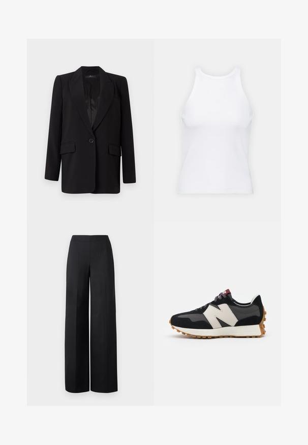 Blazer noir avec un col à pointes, fermeture à un bouton, deux poches avant et un intérieur en satin lisse. Design à coupe droite.; Débardeur blanc sans manches en tissu côtelé, doté d'un col rond et d'une silhouette ajustée, avec des coutures minimales et sans ornements.; Pantalons larges noirs en tissu lisse. Dotés d'une taille haute et de lignes nettes et droites sans poches visibles ni embellissements.; Baskets en suede noir et gris avec un grand logo "N" couleur crème, lacets violets et semelle extérieure en caoutchouc gomme texturé.