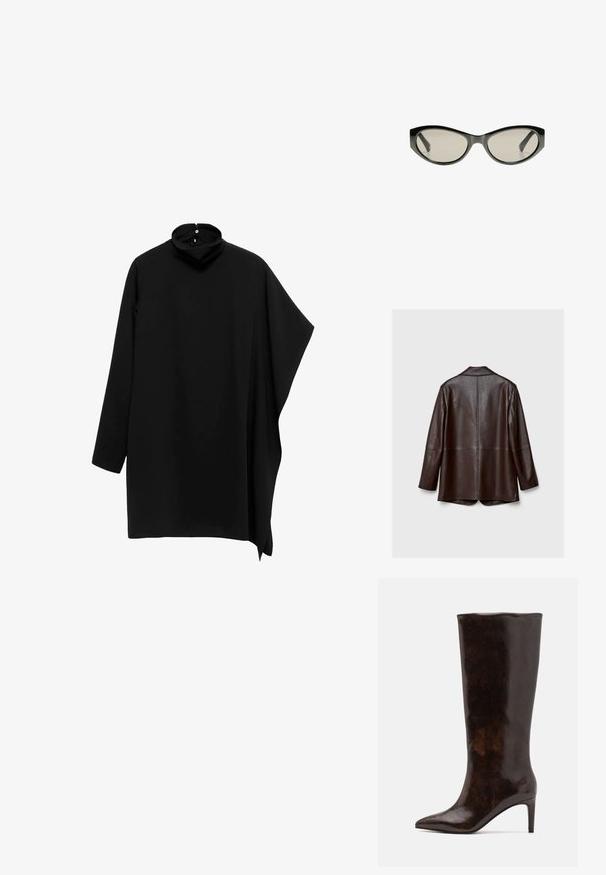 Brun läderjacka med en slät yta, långa ärmar och en skräddarsydd passform. Har en ryggventil och minimala sömnadsdetaljer.; Svart höghalströja med lång ärm, asymmetrisk design och flödande tyg; har en knäppning bak vid kragen.; Call it Spring RHODDE - Högklackad stövel - medium brown; Svarta cat-eye solglasögon med gråtonade linser. Plastbågen har skarpa kanter och en slät, blank yta.