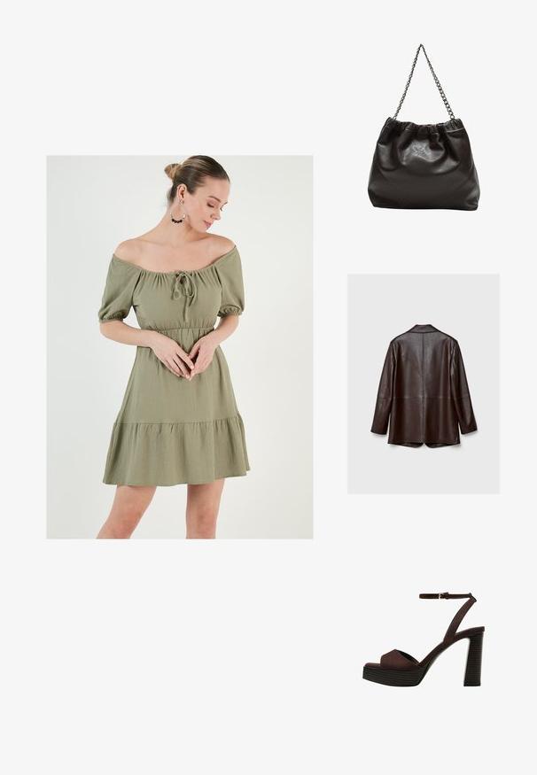 Hnědá kožená bunda s hladkou texturou, dlouhými rukávy a přiléhavým střihem. Obsahuje zadní rozparky a minimální prošívání.; Šaty bez ramínek v olivově zelené barvě s nafouknutými rukávy, zúženým pasem a volánkovým lemem. Obsahují detail vázání na výstřihu a texturovanou látku.; Hnědé semišové sandály na vysokém podpatku s otevřenou špičkou, nastavitelným páskem kolem kotníku a proužkovou platformou.; Hnědá kožená taška se sbíraným vrškem a řetízkovým popruhem. Hladký povrch s lesklým finišem a jemným švem na bocích.