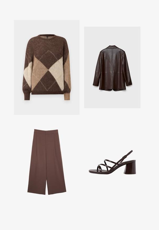 Veste en cuir marron avec une texture lisse, des manches longues et une coupe ajustée. Présente une fente au dos et des détails de couture minimes.; Un pull en maille à motif argyle marron et beige avec des manches longues et des poignets côtelés sur un fond blanc.; Pantalons larges marron avec une texture lisse, dotés d'une taille haute et de plis à l'avant. Le tissu est léger et tombe de manière fluide.; Sandale à talons hauts marron avec des brides, dotée d'un talon épais, affichant une finition lisse et brillante avec plusieurs brides croisées sur le dessus.