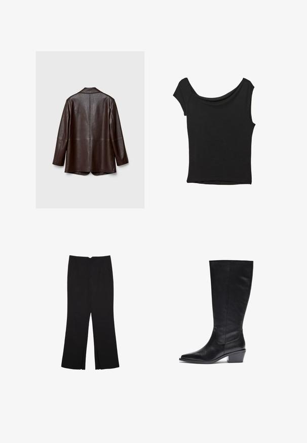 Rjav usnjeni jopič z gladko teksturo, dolgimi rokavi in prilagojenim krojem. Ima zadaj odprtino in minimalne šive.; Črna kratka majica s kratkimi rokavi iz gladkega blaga; ima drapiran izrez in asimetrično spodnjo rob, s prilegnjenim telesom.; Črne hlače ravnega kroja z naglavnimi žepi in stranskimi razporki na robu. Narejene iz mehke, gladke tkanine. Primerne za različne priložnosti.; Črne usnjene škornje do kolen s koničastim prstom, teksturirano površino in zoženim blokasta peto. Šivni detajli na zgornjem delu.