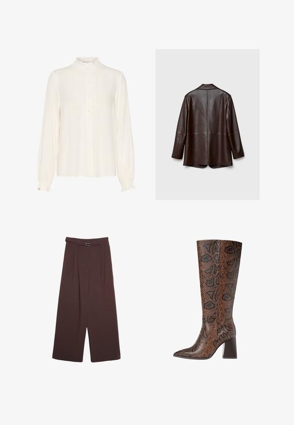 Braune Lederjacke mit einer glatten Textur, langen Ärmeln und einer taillierten Passform. Verfügt über einen Rückenschlitz und minimale Nähdetails.; Weiße Bluse aus glattem Stoff, mit einem gerafften hohen Kragen, Knopfleiste und langen Ärmeln mit Bündchen.; Stradivarius WIDE-LEG WITH BUCKLE DETAIL - Stoffhose - dark brown; Braun und schwarze Schlangenleder-Optik kniehohe Stiefel mit spitzer Zehe, strukturiertem Obermaterial und einem klobigen Absatz mit gestapeltem Aussehen.