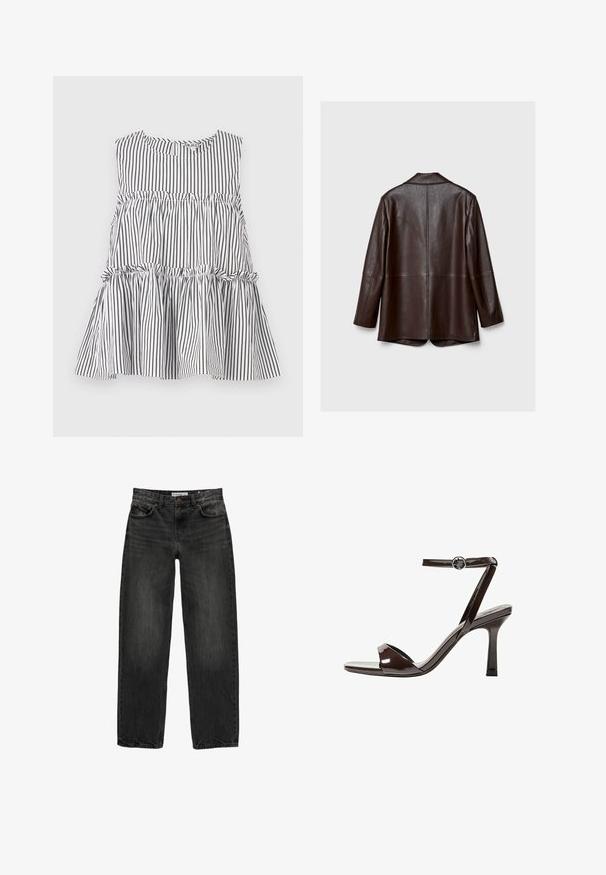 Braune Lederjacke mit einer glatten Textur, langen Ärmeln und einer taillierten Passform. Verfügt über einen Rückenschlitz und minimale Nähdetails.; Schwarzes und weiß gestreiftes ärmelloses Oberteil mit rundem Ausschnitt und gerafftem, gestuftem Design, das Rüschendetails an den Nähten aufweist.; Schwarze Jeans aus Denim mit lockerer Passform, geradem Bein, fünf Taschen-Design und einer leicht gewaschenen Textur. Knopf- und Reißverschluss vorne.; Braune Lackleder-High-Heelsandale mit einem Knöchelriemen, offener Zehenpartie und einem schlanken, minimalistischen Design. Verfügt über einen quadratischen Absatz.