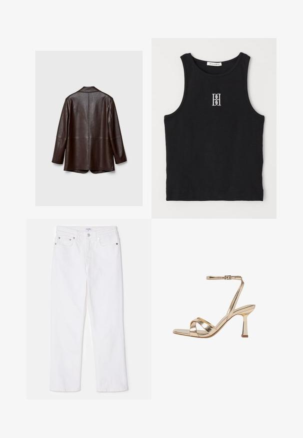 Smeđa kožna jakna s glatkom teksturom, dugim rukavima i krojenim fitom. Ima ventilaciju na leđima i minimalne šavove.; Crna rebrasta majica bez rukava s okruglim izrezom i izvezenim logotipom u bijeloj boji. Tkanina ima glatku teksturu i prilagođen je kroj.; Bijele traperice s ravnim dizajnom, koje imaju klasični raspored pet ušica za gumbnice i srebrne elemente na pojasu.; Zlatne metalik sandale na petu imaju dizajn trakica u obliku križa, remen oko gležnja s kopčom, otvoreni nos i kvadratnu petu za stabilnost.