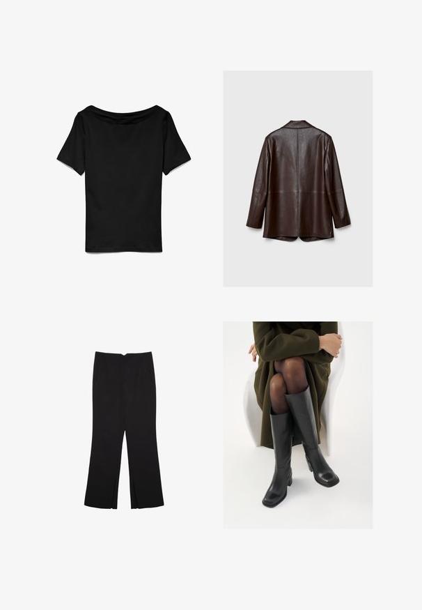Hnědá kožená bunda s hladkou texturou, dlouhými rukávy a přiléhavým střihem. Obsahuje zadní rozparky a minimální prošívání.; Černé tričko s krátkým rukávem a širokým, off-the-shoulder výstřihem. Hladká textura, uvolněný střih, jednoduchý design bez dalších vzorů či akcentů.; Černé kalhoty s rovným střihem, s předními kapsami a bočními rozparky na lemu. Vyrobené z jemné, hladké tkaniny. Vhodné na různé příležitosti.; Černé kožené boty po kolena s hranatou špičkou a blokovým podpatkem, předvedené na modelce sedící v olivově zeleném kabátu. Hladký povrch, minimalizované detaily.