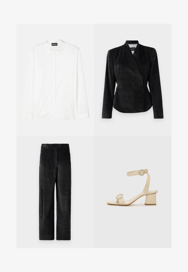 Black wrap-style jacket featuring a textured fabric with subtle shimmer, long sleeves, and a fitted silhouette; no visible fastenings.; White long-sleeve shirt made of smooth fabric, featuring a classic collar, button front, and simple cuffs with a clean, minimalist design.; Black, textured wide-leg trousers with a pronounced weave, featuring front pleats and a flat waistband. Classic design for versatility.; Beige high-heeled sandals with a minimalist design, featuring two circular accents and a chunky heel. Made from smooth leather.