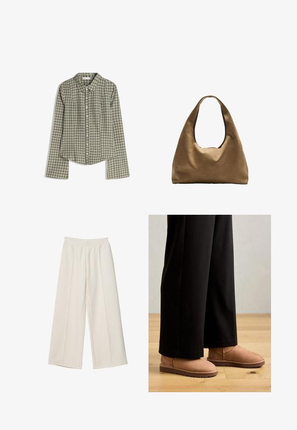 Bruine gestructureerde blazer met een enkele knoopsluiting, scherpe revers en unieke plooidetails aan de zoom. Soepele stofstructuur.; Groen en wit geruit overhemd met lange mouwen, een kraag, een knoopsluiting aan de voorkant en een licht gebogen zoom. Gemaakt van lichtgewicht stof met een gestructureerde afwerking.; Brede crèmekleurige broeken met een elastische tailleband en voortgaande naaddetails, gemaakt van soepele stof.; Bruine suède enkellaarzen met een platte rubberen zool, ronde neus en minimale stiksels, gedragen met zwarte brede broek op een houten vloer.; Bruine stoffen schoudertas met een brede, ronde vorm en een grote uitsnede handvat. Zachte textuur, minimalistisch ontwerp en geen zichtbare hardware.