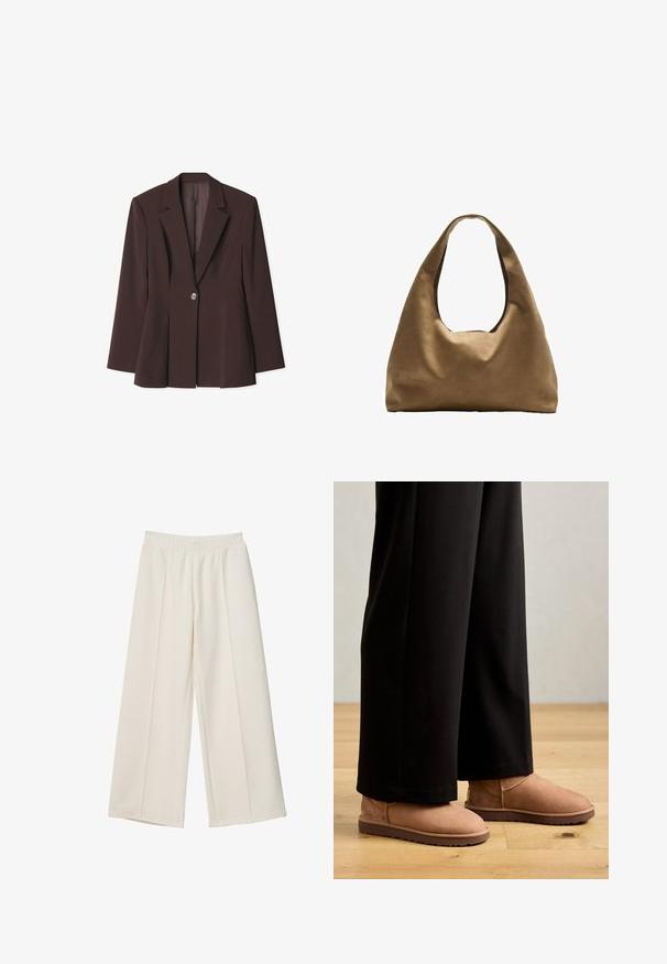 Brun struktureret blazer med en enkelt knaplukning, skarpe revers og unikke plissé detaljer ved kanten. Glat stoftekstur.; Langærmet polo skjorte i creme med fine vinrøde striber, med klassisk krave og tre-knap lukning, lavet af blød stof.; Løse cremefarvede bukser med elastisk talje og detaljering i fronten, lavet af glat stof.; Brune ruskinds ankelstøvler med flad gummisål, rund tå og minimal syning, båret med sorte brede bukser på et trægulv.; Brun stof skuldertaske med en bred, rundet krop og et stort udsnit håndtag. Blød tekstur, minimalistisk design og ingen synlig hardware.