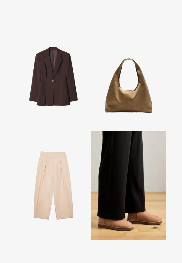 Blazer strutturato marrone con chiusura a un bottone, rever affilati e dettagli di pieghe unici all'orlo. Tessuto dalla trama liscia.; Polo a maniche lunghe in crema con sottili righe bordeaux, dotato di colletto classico e patta con tre bottoni, realizzato in tessuto morbido.; Pantaloni beige a gamba larga con vita elastica, caratterizzati da pieghe frontali e un tessuto leggero e morbido. Senza tasche visibili o fantasie.; Stivali ankle in suede marrone con suola in gomma piatta, punta rotonda e cuciture minime, indossati con pantaloni neri a gamba larga su un pavimento in legno.; Borsa a spalla in tessuto marrone con un corpo ampio e arrotondato e una grande maniglia a taglio. Texture morbida, design minimalista e senza hardware visibile.