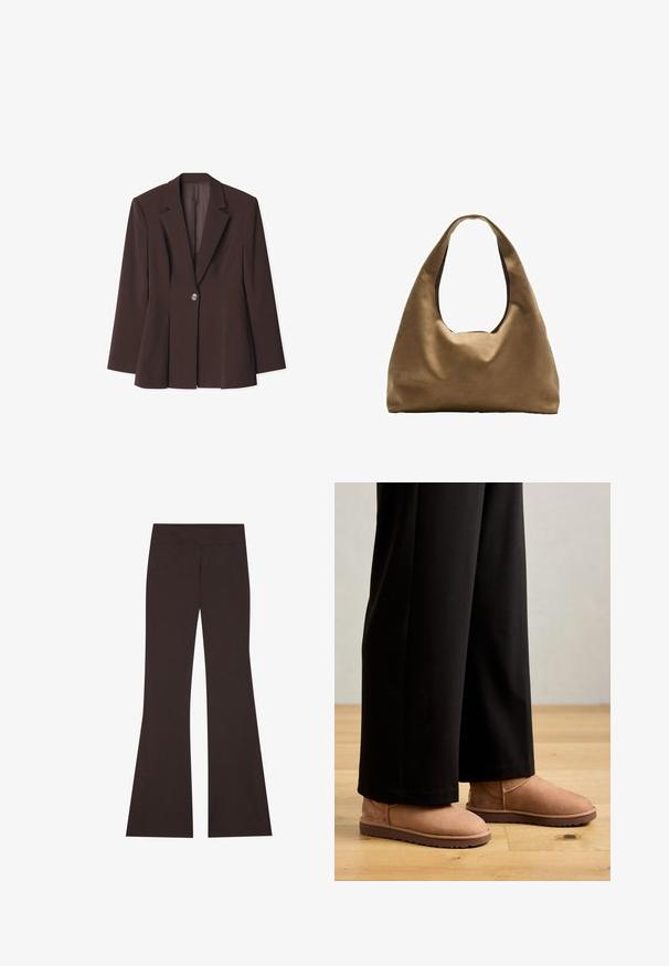 Brauner strukturiert Blazer mit einem Ein-Knopf-Verschluss, scharfen Revers und einzigartigen Faltendetails am Saum. Glatte Stofftextur.; Langarm-Polohemd in Creme mit dünnen burgunderfarbenen Streifen, ausgestattet mit einem klassischen Kragen und einer Knopfleiste mit drei Knöpfen, aus weichem Stoff gefertigt.; Braune, ausgestellte Hosen mit breitem Bund, aus dehnbarem Material. Mit seitlichen Schlitzen am Saum und flachen Nähten.; Braune Wildleder Stiefeletten mit flacher Gummisohle, abgerundetem Zeh und minimaler Naht, kombiniert mit schwarzen weiten Hosen auf einem Holzboden.; Braune Stoffschultertasche mit einem breiten, runden Körper und einem großen Ausschnittgriff. Sanfte Textur, minimalistisches Design und keine sichtbaren Beschläge.