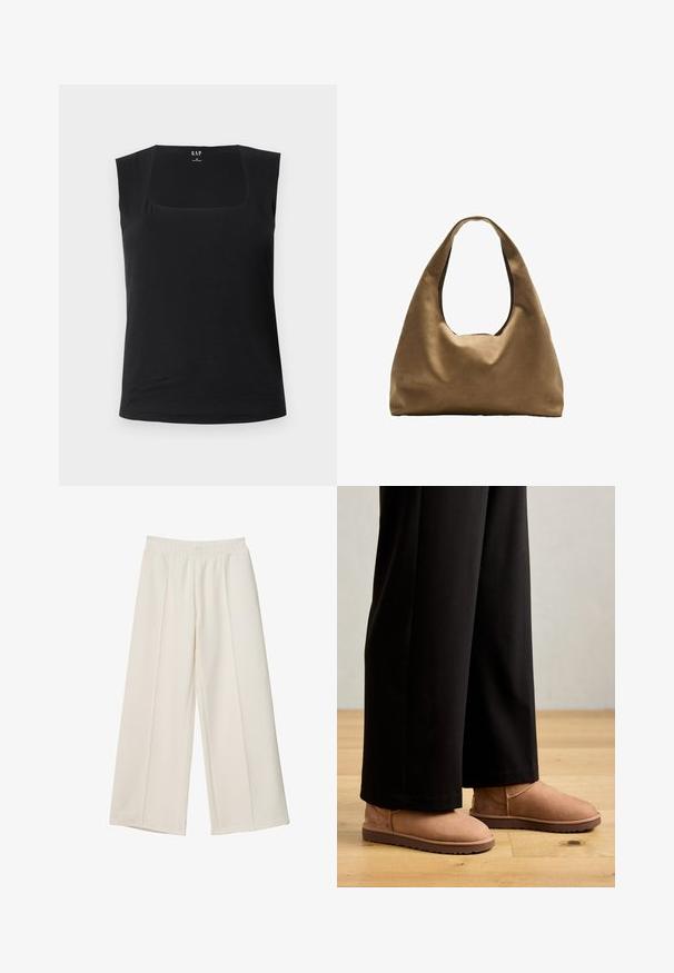 Brauner strukturiert Blazer mit einem Ein-Knopf-Verschluss, scharfen Revers und einzigartigen Faltendetails am Saum. Glatte Stofftextur.; Schwarzes ärmelloses Oberteil mit quadratischem Ausschnitt. Hergestellt aus weichem Stoff, zeichnet es sich durch eine taillierte Silhouette und eine glatte Textur aus, die sich gut für das Schichten eignet.; Weit geschnittene, cremefarbene Hosen mit elastischem Bund und Vordernahtdetails, aus glattem Stoff gefertigt.; Braune Wildleder Stiefeletten mit flacher Gummisohle, abgerundetem Zeh und minimaler Naht, kombiniert mit schwarzen weiten Hosen auf einem Holzboden.; Braune Stoffschultertasche mit einem breiten, runden Körper und einem großen Ausschnittgriff. Sanfte Textur, minimalistisches Design und keine sichtbaren Beschläge.