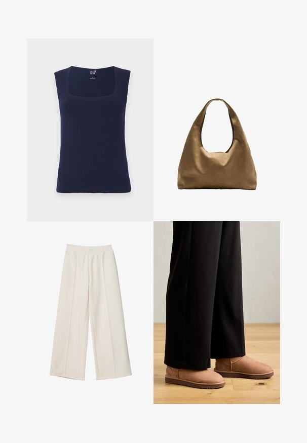 Brown structured blazer featuring a single-button closure, sharp lapels, and unique pleat details at the hem. Smooth fabric texture.; Navy blue sleeveless top made of soft cotton, featuring a square neckline and a fitted shape with clean, finished edges.; Wide-leg cream-colored pants with elastic waistband and front seam detailing, made from smooth fabric.; Brown suede ankle boots with a flat rubber sole, rounded toe, and minimal stitching, worn with black wide-leg pants on a wooden floor.; Brown fabric shoulder bag with a wide, rounded body and a large cutout handle. Soft texture, minimalistic design, and no visible hardware.