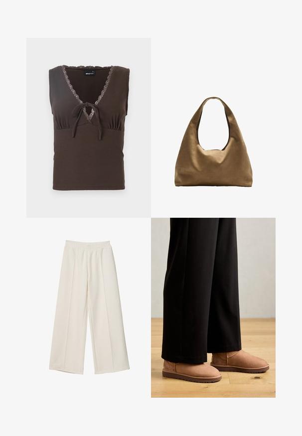 Ruskea muotoiltu bleiseri, jossa on yksittäinen nappikiinnitys, terävät kaulukset ja ainutlaatuinen laskosten yksityiskohta helmyssä. Sileä kangastunne.; Ruskea urheilutoppi, jossa on V-aukko, pitsitrimmi kaula-aukossa ja sidottu yksityiskohta keskellä. Muotoon ommeltu siluetti ilman hihoja.; Valkoiset leveälahkeiset housut, joissa on joustava vyötärö ja etusauman yksityiskohdat, valmistettu sileästä kankaasta.; Ruske mokasine sa ravnim gumennim đonom, zaobljenim vrhom i minimalnim šavovima, uparene s crnim hlačama širokih nogavica na drvenom podu.; Ruskea kangaskassi, jossa on leveä, pyöristetty muoto ja suuri leikattu kahva. Pehmeä pinta, minimalistinen muotoilu ja ei näkyvää metalliosaa.