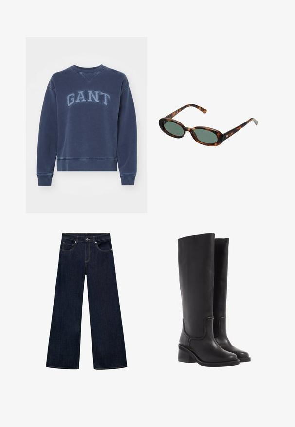 Dark brown blazer with a tailored design, featuring wide lapels, button closure, and side pockets. Paired with a light-colored top.; Navy sweatshirt made of cotton, featuring a ribbed crew neck, long sleeves, elastic cuffs, and embroidered "GANT" logo on the front.; Dark blue denim wide-leg jeans with a high waist, featuring five pockets, metal button closure, and visible stitching accents.; Black leather knee-high boots with a smooth texture, rounded toe, and a chunky heel. Features subtle stitching and a streamlined design.; Tortoiseshell sunglasses with oval frames and green lenses. Features thin arms with a metallic accent near the hinges.; Tan suede handbag with two long handles, rectangular shape, and decorative stitching. Features a side strap and subtle gold hardware accents.