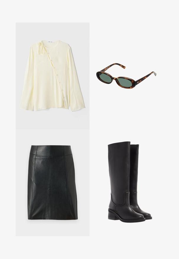 Mørkebrun blazer med skræddersyet design, der har brede revers, knaplukning og sidelommer. Sammen med en lysfarvet top.; Langærmet bluse i gul silkeagtig stof med rund halsudskæring, lukning i siden med dekorative knapper og en knyttet detalje ved skulderen.; Sort lædernederdel med en tætsiddende pasform. Glat tekstur, sømme der fremhæver formen, og en lige kant. Minimalistisk og strømlinet udseende.; Sorte læder knæ-høje støvler med en glat tekstur, rund tå og en chunky hæl. Har diskret syninger og et strømlinet design.; Skildpaddemønstrede solbriller med ovale stel og grønne linser. Har tynde arme med en metallisk detalje nær hængslerne.; Tan ruskindtaske med to lange håndtag, rektangulær form og dekorativ syning. Den har en sideløsning og subtile guldfarvede hardware-detaljer.