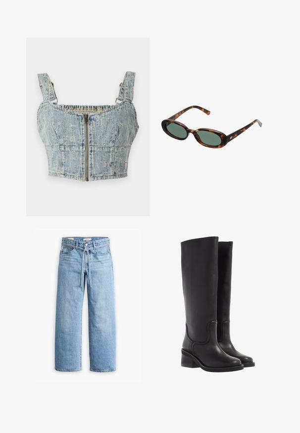 Tamsiai rudas blazeris su pritaikytu dizainu, turintis plačius šalikėlius, mygtukų užsegimą ir šonines kišenes. Derinamas su šviesios spalvos viršutine dalimi.; Džinsinis trumpas viršus su šviesiai mėlyna danga, turi užtrauktuko uždarymą, smūginiu nugara ir plačiomis petnešomis. Detalėse yra siuvinėjimas ir šiek tiek nusidėvėjimo.; Šviesiai mėlyni džinsai su plačiomis kojomis, aukštu juosmeniu, sagomis ir užtrauktuku, taip pat su raišteliu juosmens srityje. Neapdorotas apdailos kraštas.; Juodi odiniai iki kelių batai su lygiu paviršiumi, apvali nosimi ir storu kulnu. Pasižymi subtiliu siuvinėjimu ir vientisu dizainu.; Žvyneliai akiniai su ovaliais rėmeliais ir žaliais objektyvais. Siūlo plonas šakes su metaliniu akcentu prie vyrų.; Žalias suedinių rankinukas su dviem ilgais rankenomis, stačiakampio formos ir dekoratyviniu siuvimu. Jame yra šoninė dirželis ir subtili auksinė hardware akcentai.