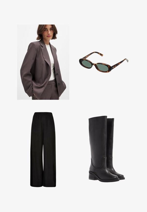 Dark brown blazer with a tailored design, featuring wide lapels, button closure, and side pockets. Paired with a light-colored top.; Brown fabric with a soft texture, featuring visible stitching and a circular logo tag partially obscured by fabric folds.; Black wide-leg trousers made of a smooth fabric. Features an elastic waistband and a loose, flowing fit for comfort and ease of movement.; Black leather knee-high boots with a smooth texture, rounded toe, and a chunky heel. Features subtle stitching and a streamlined design.; Tortoiseshell sunglasses with oval frames and green lenses. Features thin arms with a metallic accent near the hinges.; Tan suede handbag with two long handles, rectangular shape, and decorative stitching. Features a side strap and subtle gold hardware accents.