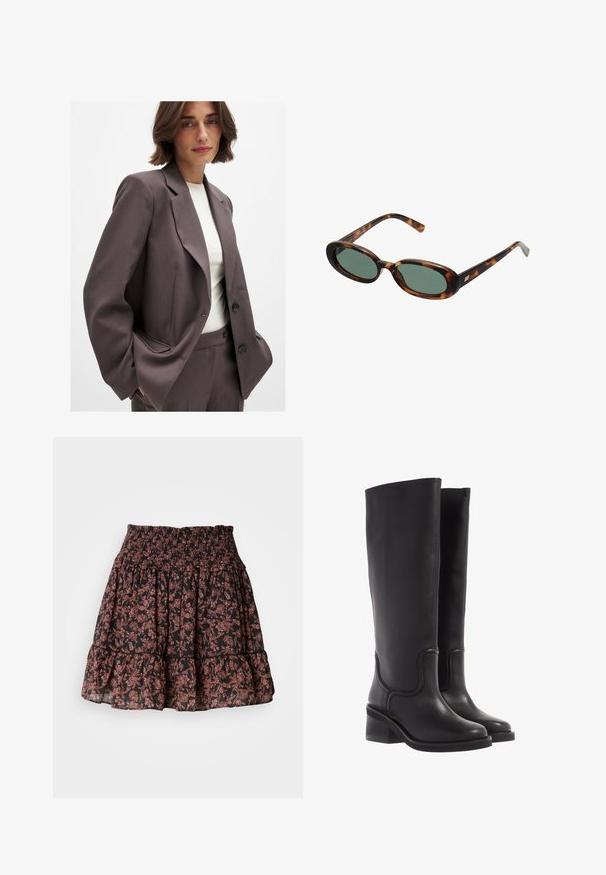 Dunkelbrauner Blazer mit maßgeschneidertem Design, breiten Revers, Knopfverschluss und Seitentaschen. Kombiniert mit einem hellen Oberteil.; Brauner, langärmeliger Pullover aus weichem, elastischem Material mit rundem Halsausschnitt und lockerer Passform, der eine glatte Textur und minimales Design aufweist.; Schwarzer Blumenkleid mit einem gerafften Taillengummi, der gestufte Rüsche und ein zartes rosa- und braunes Muster aufweist. Leichter Stoff.; Schwarze Lederstiefel bis zum Knie mit glatter Textur, abgerundeter Spitze und klobigem Absatz. Mit dezenten Nähten und einem schlanken Design.; Schildpatt-Sonnenbrille mit ovalen Rahmen und grünen Gläsern. Verfügt über dünne Bügel mit einem metallischen Akzent in der Nähe der Scharniere.; Tasche aus braunem Wildleder mit zwei langen Griffen, rechteckiger Form und dekorativer Naht. Verfügt über einen seitlichen Riemen und subtile goldene Hardwareakzente.