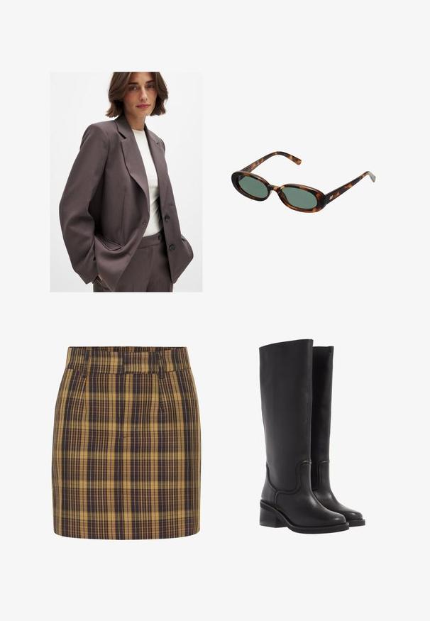 Donkerbruine blazer met een getailleerd ontwerp, voorzien van brede revers, knoopsluiting en zijzakken. Gecombineerd met een lichtgekleurde top.; Bruine lange mouwen top gemaakt van zacht, rekbaar materiaal met een ronde halslijn en een relaxed fit, met een gladde textuur en minimale details.; Geruite mini-jurk in geel en marineblauw. Heeft een hoge taille, een rechte voorkant en zijzakken, gemaakt van textuurstof met een gestructureerde vorm.; Zwarte leren kniehoge laarzen met een soepele textuur, ronde neus en een chunkyer heel. Heeft subtiele stiksels en een gestroomlijnd ontwerp.;  schildpadbril met ovale monturen en groene lenzen. Heeft dunne spijlen met een metalen accent nabij de scharnieren.; Tan suède handtas met twee lange hengsels, rechthoekige vorm en decoratieve stiksels. Beschikt over een zijriem en subtiele gouden hardware accenten.