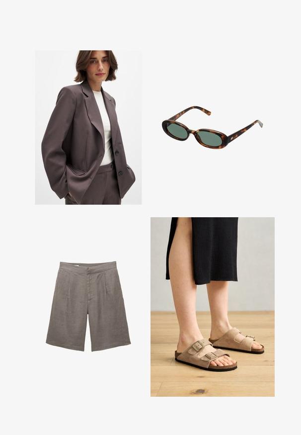 Donkerbruine blazer met een getailleerd ontwerp, voorzien van brede revers, knoopsluiting en zijzakken. Gecombineerd met een lichtgekleurde top.; Bruine lange mouwen top gemaakt van zacht, rekbaar materiaal met een ronde halslijn en een relaxed fit, met een gladde textuur en minimale details.; Grijze linnen shorts met een relaxte pasvorm, voorzien van een platte voorkant, twee voorplooien en zijzakken. Glad textuur zonder zichtbare patronen.; Beige suède sandalen met twee verstelbare banden, kurken voetbed en rubberen zolen, tentoongesteld op voeten tegen een houten vloer achtergrond.; schildpadbril met ovale monturen en groene lenzen. Heeft dunne spijlen met een metalen accent nabij de scharnieren.; Tan suède handtas met twee lange hengsels, rechthoekige vorm en decoratieve stiksels. Beschikt over een zijriem en subtiele gouden hardware accenten.