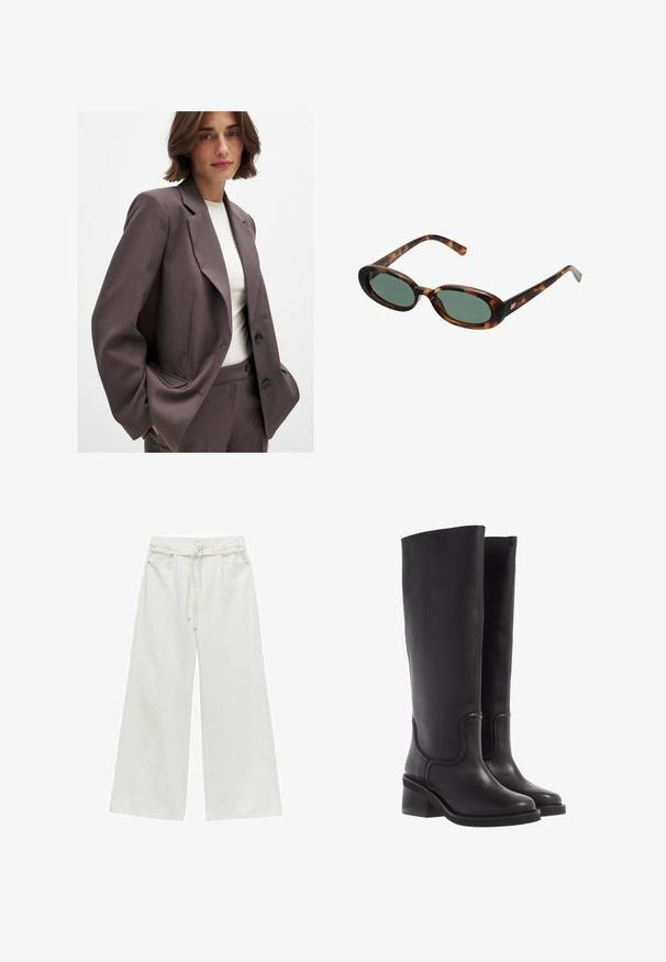 Mörkbrun kavaj med skräddarsydd design, som har breda slag, knäppning och sidofickor. Matchad med en ljust färgad topp.; Brun långärmad topp i mjukt, stretchigt material med rund halsringning och avslappnad passform, med en slät yta och minimal detaljering.; Höga vida vita byxor med bältesöglor, framknapp, snörning och framfickor.; Svarta läderknähöga stövlar med en slät yta, rund tå och en kraftig klack. Har subtila sömmar och en strömlinjeformad design.; Sköldpaddsmönstrade solglasögon med ovala bågar och gröna linser. Har tunna skalmar med en metallisk detalj vid gångjärnen.; Tan mockasinväska med två långa handtag, rektangulär form och dekorativ sömnad. Har en sidremsa och subtila detaljer i guldmetall.