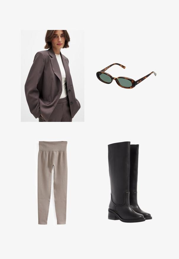 Ciemnobrązowa marynarka o dopasowanym kroju, z szerokimi klapami, zapięciem na guziki i kieszeniami bocznymi. Połączona z jasnym topem.; Brązowa bluzka z długim rękawem wykonana z miękkiego, elastycznego materiału, z okrągłym dekoltem i luźnym krojem, charakteryzująca się gładką fakturą i minimalnym zdobieniem.; Beżowe legginsy w prążki z szerokim pasem, zwężanymi nogawkami i gładką teksturą, zaprojektowane z myślą o wygodzie i elastyczności.; Czarne skórzane kozaki do kolan o gładkiej fakturze, zaokrąglonym nosku i masywnym obcasie. Posiadają subtelne przeszycia i elegancki kształt.; Okulary przeciwsłoneczne w kolorze tortoise z owalnymi oprawkami i zielonymi soczewkami. Posiadają cienkie zauszniki z metalowym akcentem przy zawiasach.; Torebka z brązowego zamszu z dwoma długimi uchwytami, prostokątnym kształtem i dekoracyjnym przeszyciem. Posiada boczny pasek oraz subtelne akcenty w kolorze złotym.