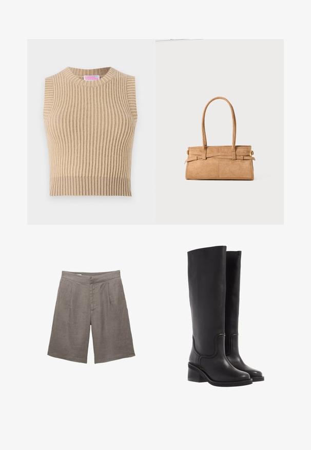Temno rjav blazer s prilagojeno obliko, z širokimi kragnami, zapiranjem na gumb in stranskimi žepi. V kombinaciji z svetlo obarvano majico.; Bež majica na naramenice s rebrastim pletenjem, okruglim izrezom i bez rukava. Ima teksturirani uzorak i neutralnu paletu boja.; Sive lanene kratke hlače z sproščenim krojem, ki imajo raven sprednji del, dve sprednji naborki in stranske žepke. Gladka struktura brez vidnih vzorcev.; Črne usnjene škornje do kolen z gladko teksturo, zaokroženim prstom in robustnim petnim delom. Imajo diskretne šive in poenoteno zasnovo.; Torba iz bež sued kožne teksture z dvema dolgima ročajema, pravokotne oblike in okrasnim šivanjem. Ima stranski trak in subtilne zlate detajle.
