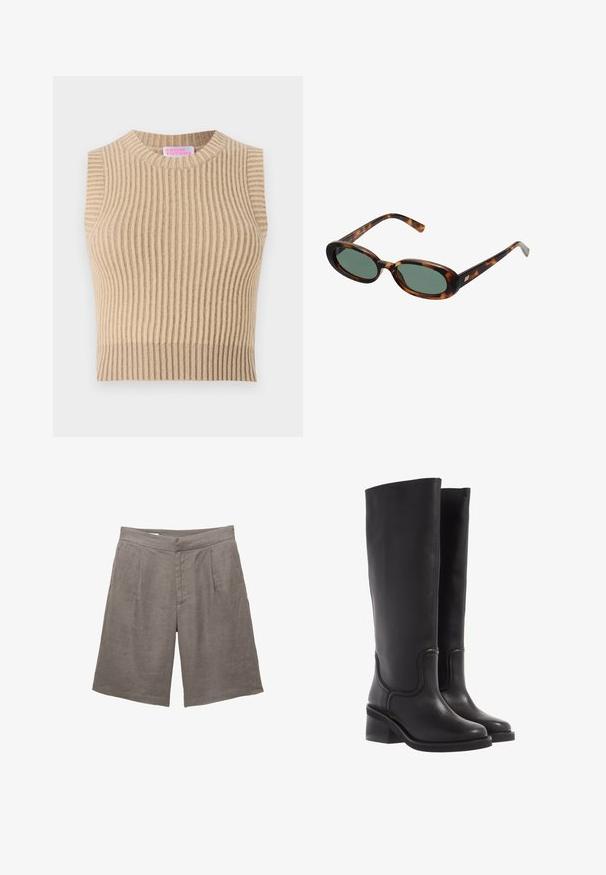 Donkerbruine blazer met een getailleerd ontwerp, voorzien van brede revers, knoopsluiting en zijzakken. Gecombineerd met een lichtgekleurde top.; Beige ribbelgebreide tanktop met een ronde hals en zonder mouwen. Heeft een gestructureerd patroon en een neutraal kleurenpalet.; Grijze linnen shorts met een relaxte pasvorm, voorzien van een platte voorkant, twee voorplooien en zijzakken. Glad textuur zonder zichtbare patronen.; Zwarte leren kniehoge laarzen met een soepele textuur, ronde neus en een chunkyer heel. Heeft subtiele stiksels en een gestroomlijnd ontwerp.; schildpadbril met ovale monturen en groene lenzen. Heeft dunne spijlen met een metalen accent nabij de scharnieren.; Tan suède handtas met twee lange hengsels, rechthoekige vorm en decoratieve stiksels. Beschikt over een zijriem en subtiele gouden hardware accenten.