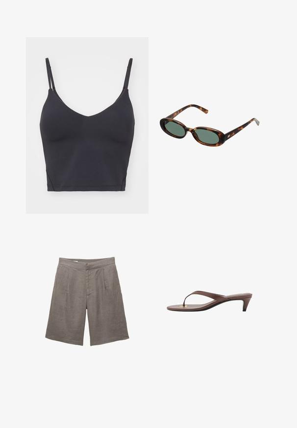 Hnedý blejzer s prispôsobeným strihom, širokými klopami, gombíkovým zapínaním a bočnými vreckami. Skombinovaný so svetlejším topom.; Čierny bezšvový bralet s tenkými nastaviteľnými ramienkami, v-tvarovaným výstrihom a priliehavým strihom. Mäkko, elastické tkaniny bez viditeľného kovania.; Sivé ľanové šortky s voľným strihom, plochým predným dielom, dvoma prednými sklady a bočnými vreckami. Hladká textúra bez viditeľných vzorov.; Hnedá platformová žabková sandála s úzkym remienkom a zaobleným prstom, s malým zlatým akcentom na podrážke.; Slnečné okuliare v štýle korytnačiny s oválnymi rámami a zelenými sklami. Majú tenké nožičky s kovovým akcentom pri pántoch.; Svetlohnedá semišová kabelka s dvoma dlhými rúčkami, obdĺžnikovým tvarom a dekoratívnym prešívaním. Obsahuje bočný popruh a jemné zlaté kovové doplnky.