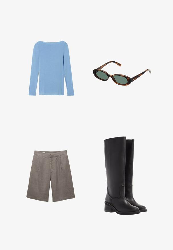 Ciemnobrązowa marynarka o dopasowanym kroju, z szerokimi klapami, zapięciem na guziki i kieszeniami bocznymi. Połączona z jasnym topem.; Intimissimi - Bluzka z długim rękawem; Szare lniane szorty o luźnym kroju, z płaskim przodem, dwoma plisami z przodu i kieszeniami bocznymi. Gładka tekstura bez widocznych wzorów.; Czarne skórzane kozaki do kolan o gładkiej fakturze, zaokrąglonym nosku i masywnym obcasie. Posiadają subtelne przeszycia i elegancki kształt.; Okulary przeciwsłoneczne w kolorze tortoise z owalnymi oprawkami i zielonymi soczewkami. Posiadają cienkie zauszniki z metalowym akcentem przy zawiasach.; Torebka z brązowego zamszu z dwoma długimi uchwytami, prostokątnym kształtem i dekoracyjnym przeszyciem. Posiada boczny pasek oraz subtelne akcenty w kolorze złotym.