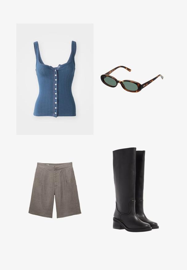 Donkerbruine blazer met een getailleerd ontwerp, voorzien van brede revers, knoopsluiting en zijzakken. Gecombineerd met een lichtgekleurde top.; Free People END GAME POINTELLE TANK - Top - indigo; Grijze linnen shorts met een relaxte pasvorm, voorzien van een platte voorkant, twee voorplooien en zijzakken. Glad textuur zonder zichtbare patronen.; Zwarte leren kniehoge laarzen met een soepele textuur, ronde neus en een chunkyer heel. Heeft subtiele stiksels en een gestroomlijnd ontwerp.; schildpadbril met ovale monturen en groene lenzen. Heeft dunne spijlen met een metalen accent nabij de scharnieren.; Tan suède handtas met twee lange hengsels, rechthoekige vorm en decoratieve stiksels. Beschikt over een zijriem en subtiele gouden hardware accenten.