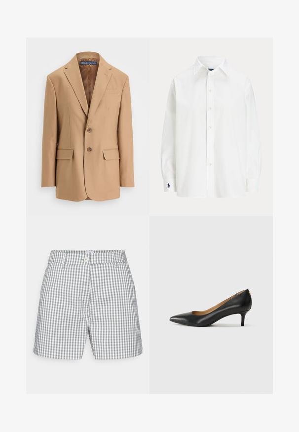 Μπεζ σακάκι φτιαγμένο από λεία ύλη, με σχέδιο με ένα κουμπί, δύο μπροστινές τσέπες και δύο κουμπιά. Με κομμένες πέτες και καθαρές γραμμές.; Λευκό πουκάμισο με κουμπιά και μακριά μανίκια, κλασικό γιακά και μικρό μπλε λογότυπο στο μανίκι. Λείο βαμβακερό ύφασμα, δομημένη εφαρμογή.; Γκρίζα και λευκή καρό βερμούδα, με κλείσιμο κουμπιού, θηλάκια ζώνης και λεία υφή υφάσματος, με ίσια κοπή ποδιών.; Μαύρο δερμάτινο τακούνι με μυτερή μύτη, χαμηλό τακούνι και λεία υφή. Διαθέτει ελαφρύ άνοιγμα στο μπροστινό μέρος και ελάχιστο υλικό στο πίσω μέρος.