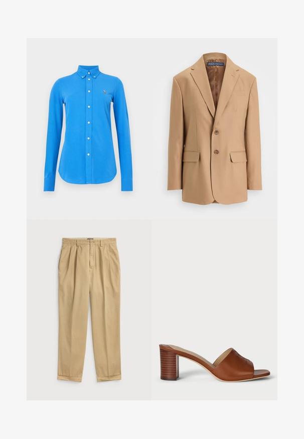 Béžový blejzer z hladkej tkaniny, s jednoradovým zapínaním, dvoma prednými vreckami a dvoma gombíkmi. Snotovanými klopami a čistými líniami.; Modrá košeľa s dlhými rukávmi a golierom na gombíky, vybavená bielymi gombíkmi a malým vyšitým logom na ľavej strane hrude. Hladká textúra látky.; Svetlo béžové bavlnené nohavice s voľným strihom, s prednými záhybmi, bočnými vreckami a manžetou na leme.; Hnedé kožené muly na podpätku s širokým otvoreným prstom, zakriveným zvrškom a stohovaným cylindrickým podpätkom s horizontálnymi líniami.
