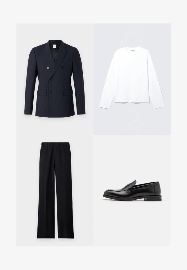 Blazer doppiopetto navy in tessuto liscio, caratterizzato da due file di bottoni neri, revers a punta e tasche frontali.; Camicia bianca a maniche lunghe realizzata in tessuto morbido, con scollo arrotondato e vestibilità ampia. Tessuto liscio senza motivi o decorazioni.; sandro LARGE - Pantaloni - noir; Mocassini neri in pelle con una texture liscia, punta arrotondata e una striscia decorativa sulla tomaia. Tacco basso impilato, design minimalista.