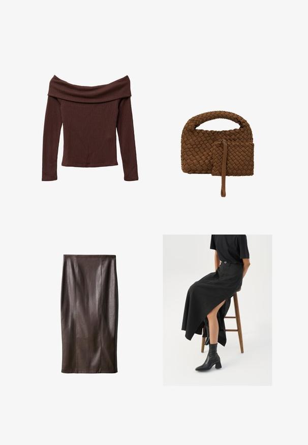 Brun ruskindsblazer med knapflip, to frontlommer og enkeltknaplukning. Glat tekstur, skræddersyet pasform og minimal detaljering.; Off-shoulder, langærmet bluse i mørkebrun ribbet stof. Har en bred halsudskæring og tætsiddende silhouette. Tekstureret, blødt materiale.; Brun læderblyantskørt med en glat tekstur, knælangt, med vertikale sømme for design. Ingen yderligere hardware eller accenter.; Sort linned maxi-nederdel med en høj slids, båret med en sort t-shirt og sorte ankelstøvler. Minimalistisk design med en afslappet pasform.; Brun flettet håndtaske med rund håndtag, struktureret form og en aftagelig lille pung. Fremstillet af tekstureret materiale med en glat overflade.